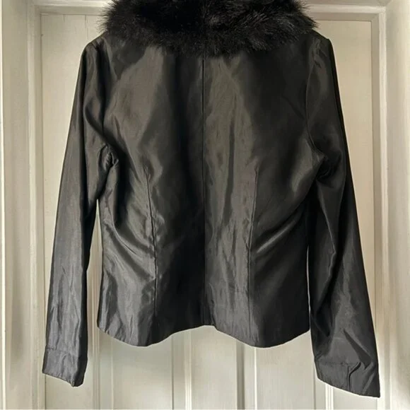 Jessica McClintock Vintage Black Satin Faux Fur Blazer Jacket Zip Up Size S / M - Picture 8 of 11